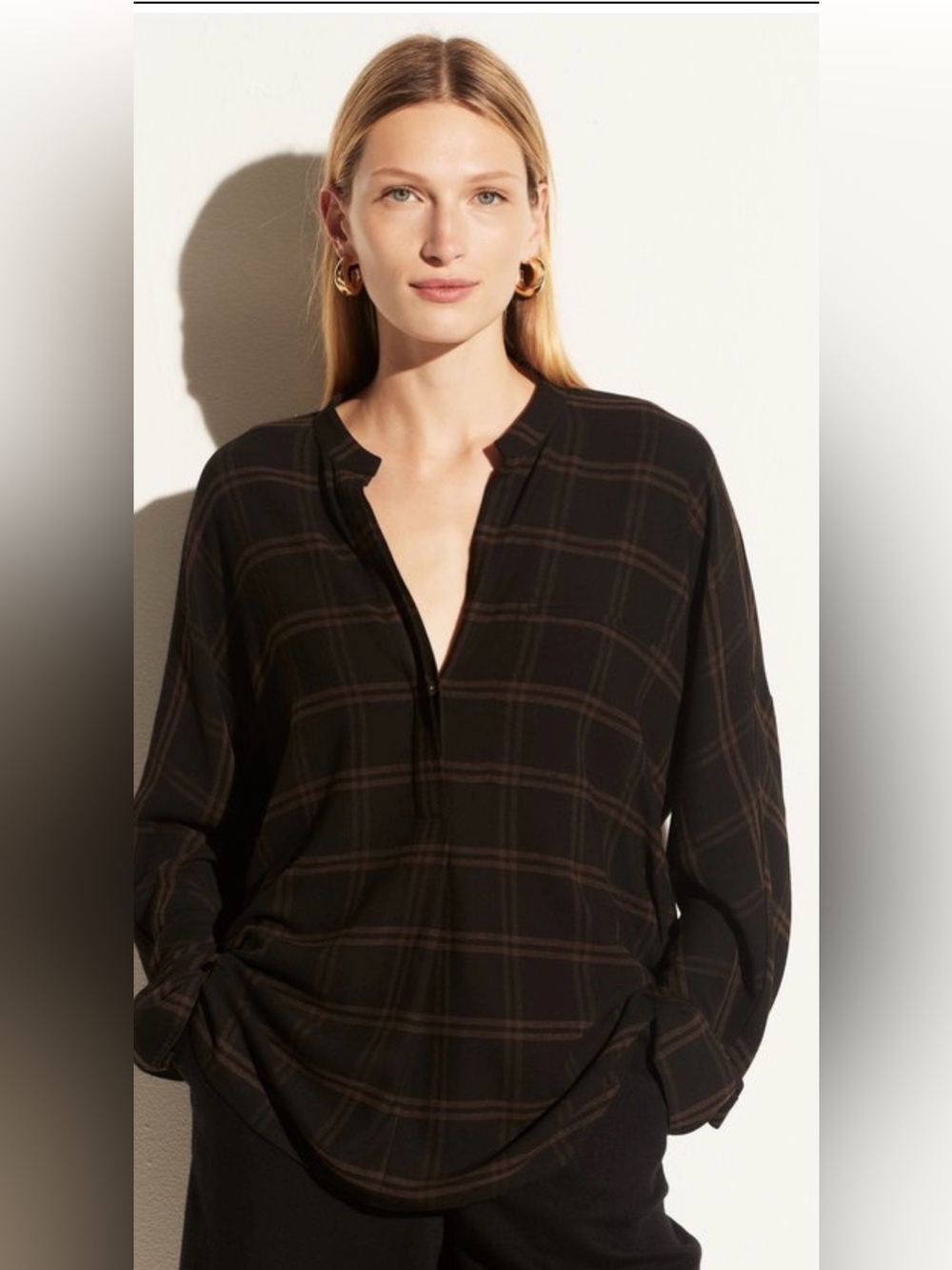 VINCE Shadow Plaid Collar Pullover in Black XXL